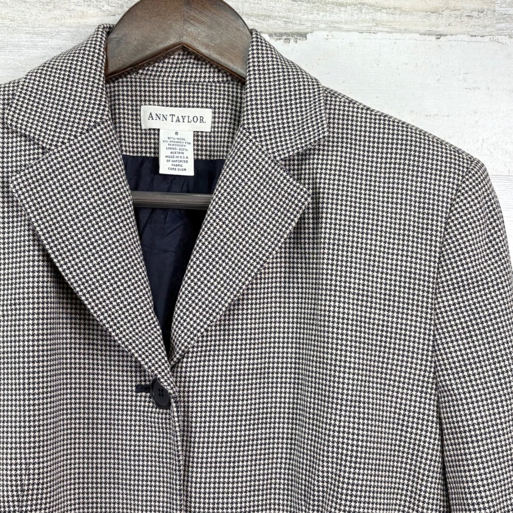 Ann Taylor Blazer Vintage 8 Black White Houndstooth Wool Corpcore Chic Capsule